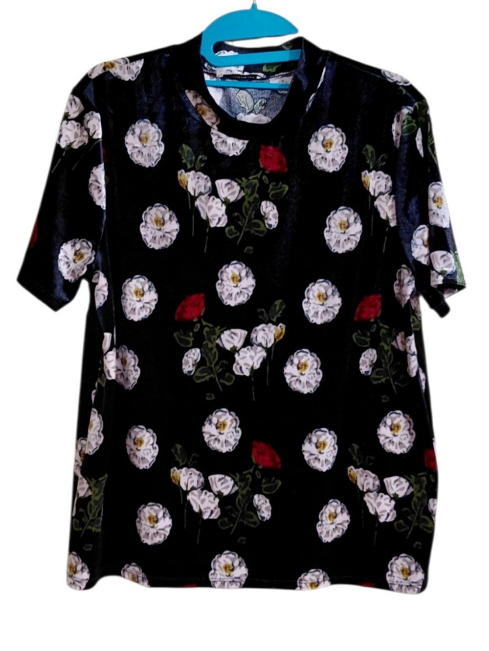 Zara Black Short Sleeve Tee with White & Red Floral Print